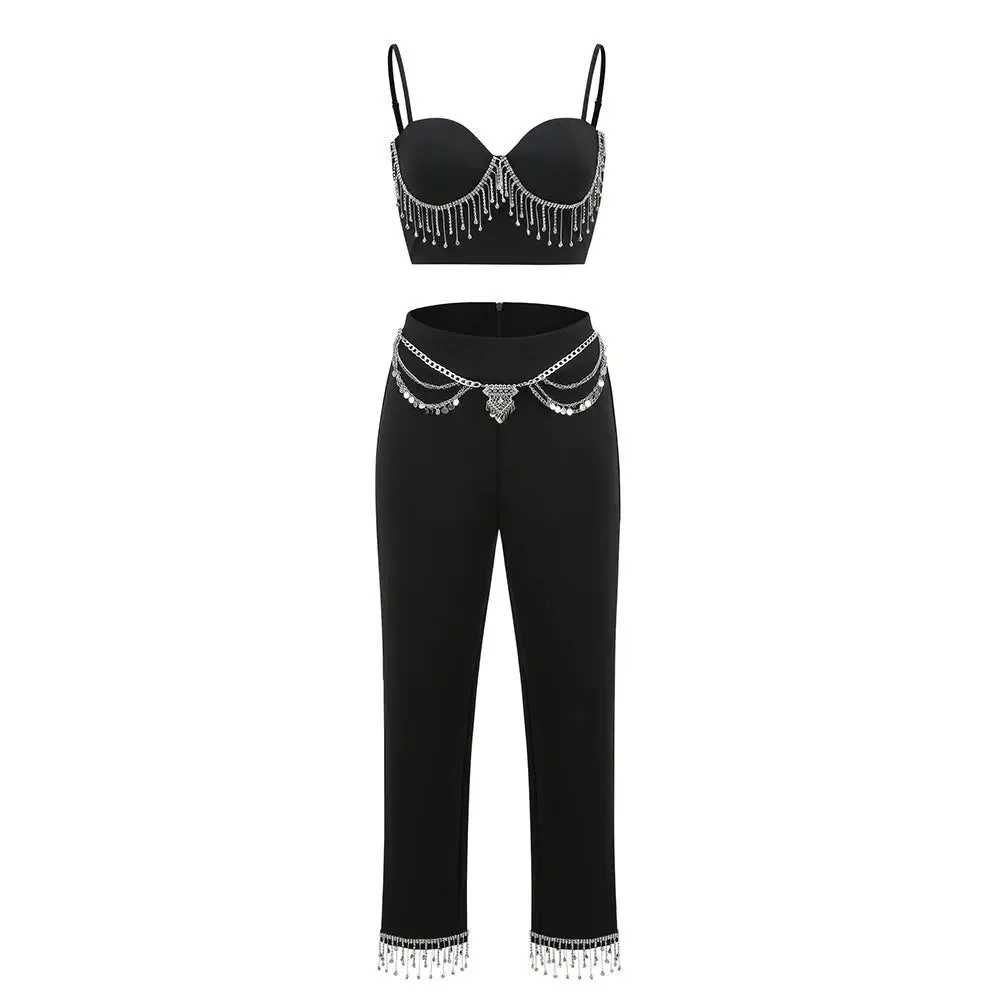 Beaded Vest  Capri Pants Set - Sleek Two-Piece Outfit