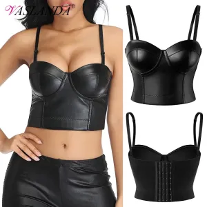 Bustiers & Corsets PU Leather Gothic Corset Vest Padded Bra Top Strapless Bras Underwire Brassiere Bustier Crop Top Party Bralet