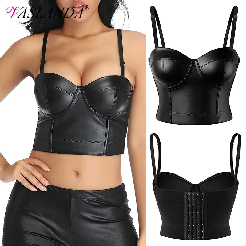 Bustiers & Corsets PU Leather Gothic Corset Vest Padded Bra Top Strapless Bras Underwire Brassiere Bustier Crop Top Party Bralet