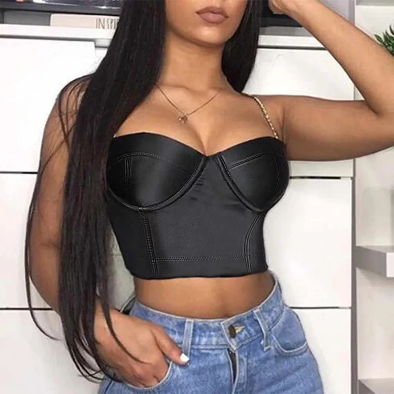 Bustiers & Corsets PU Leather Gothic Corset Vest Padded Bra Top Strapless Bras Underwire Brassiere Bustier Crop Top Party Bralet