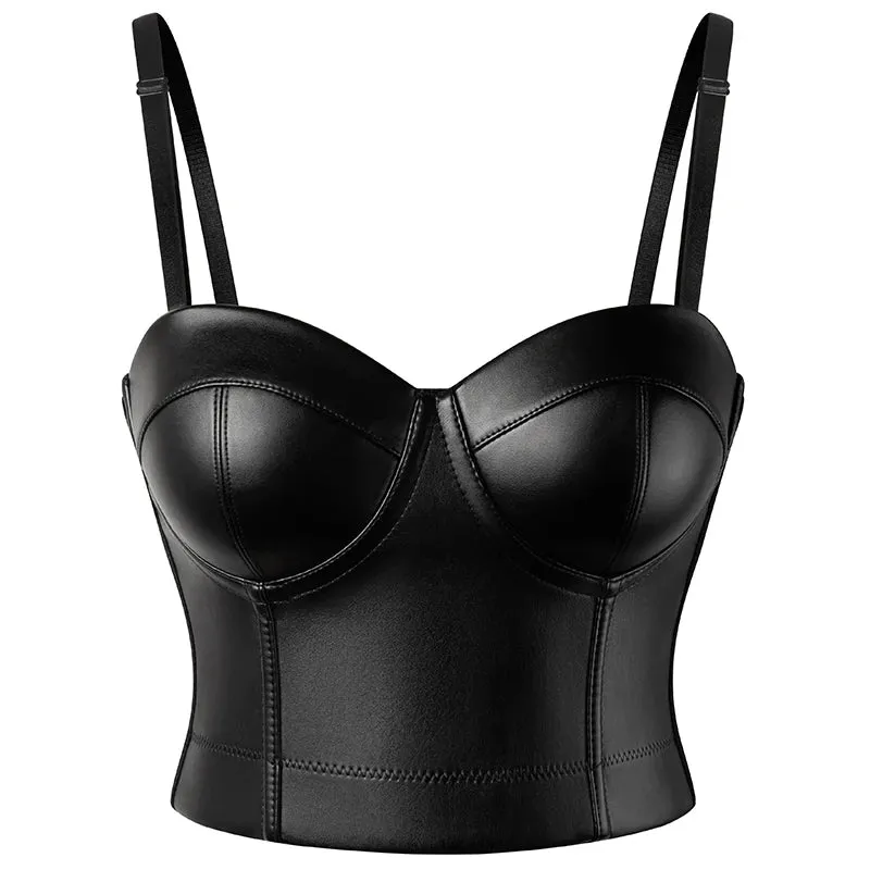 Bustiers & Corsets PU Leather Gothic Corset Vest Padded Bra Top Strapless Bras Underwire Brassiere Bustier Crop Top Party Bralet