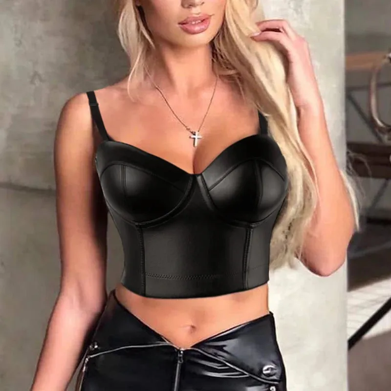 Bustiers & Corsets PU Leather Gothic Corset Vest Padded Bra Top Strapless Bras Underwire Brassiere Bustier Crop Top Party Bralet