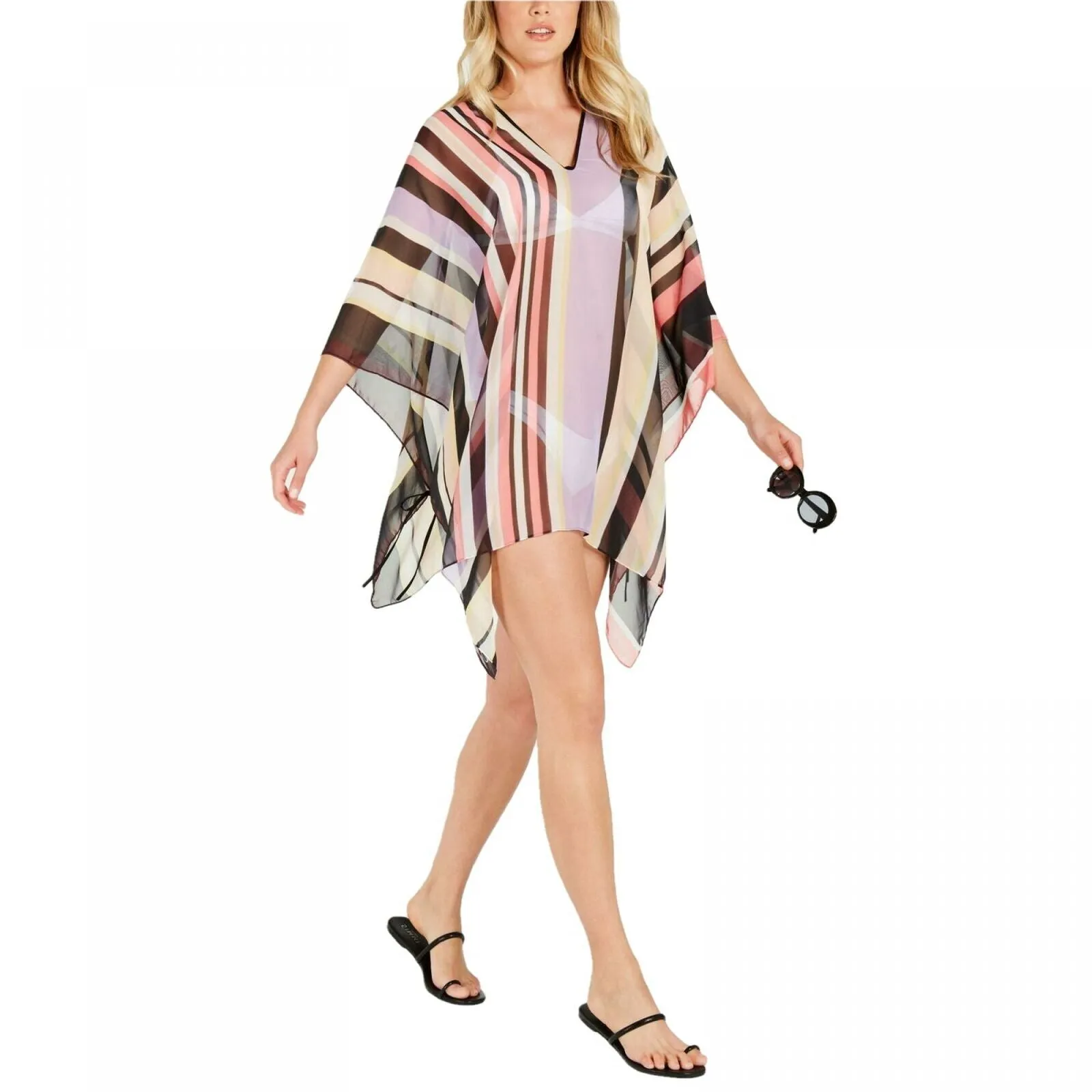 Calvin Klein Women's Striped Chiffon Poncho Cover Up Ruana