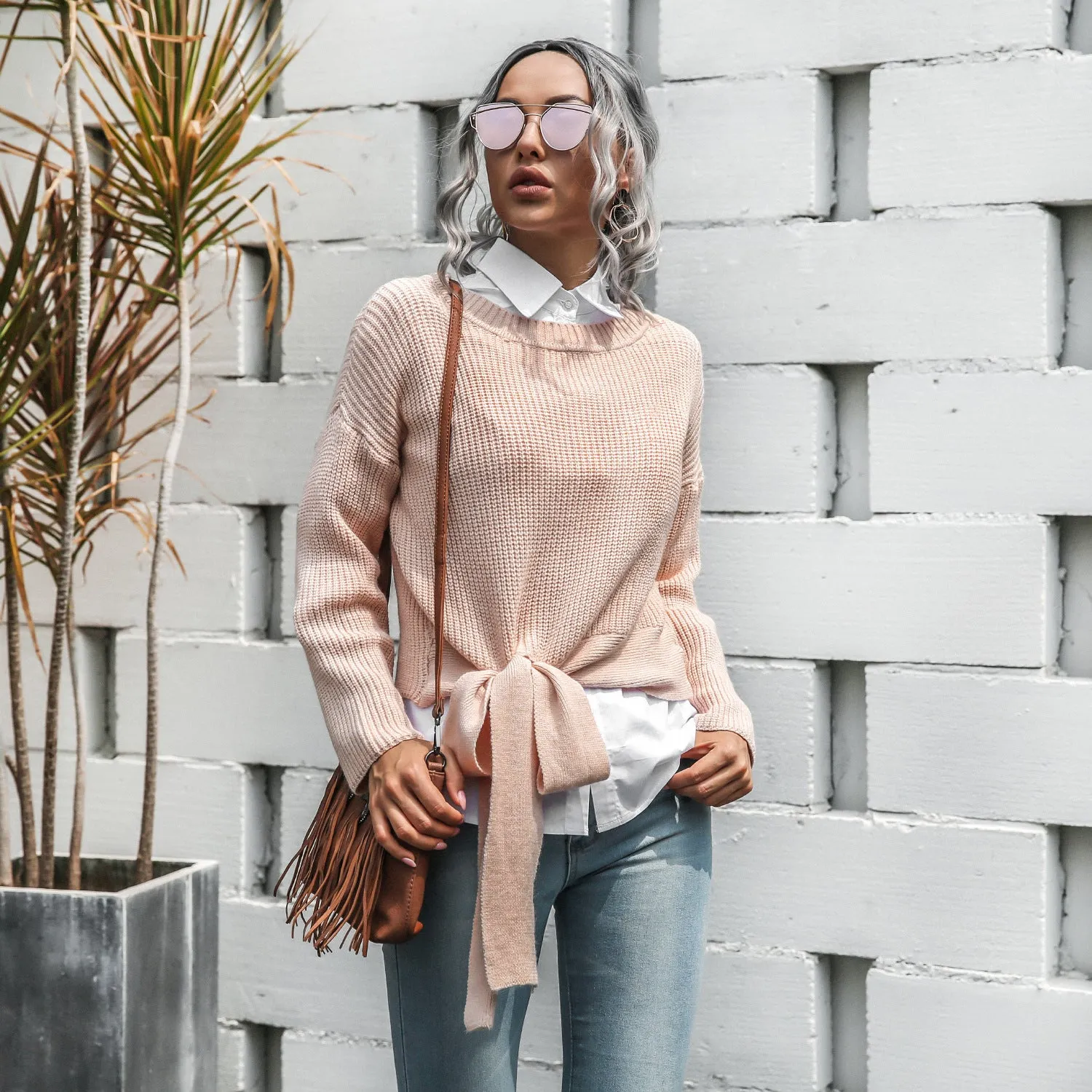Casual Office Style Bowknot Knitting Sweater