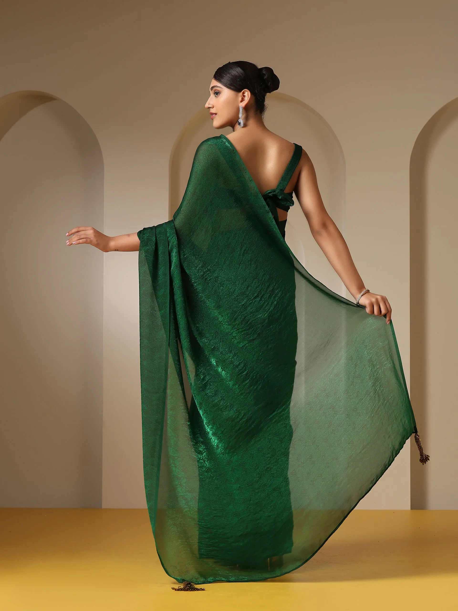 Colour Me Earth Green Paisley Chiffon Saree with Beaded Pendants & Blouse Fabric