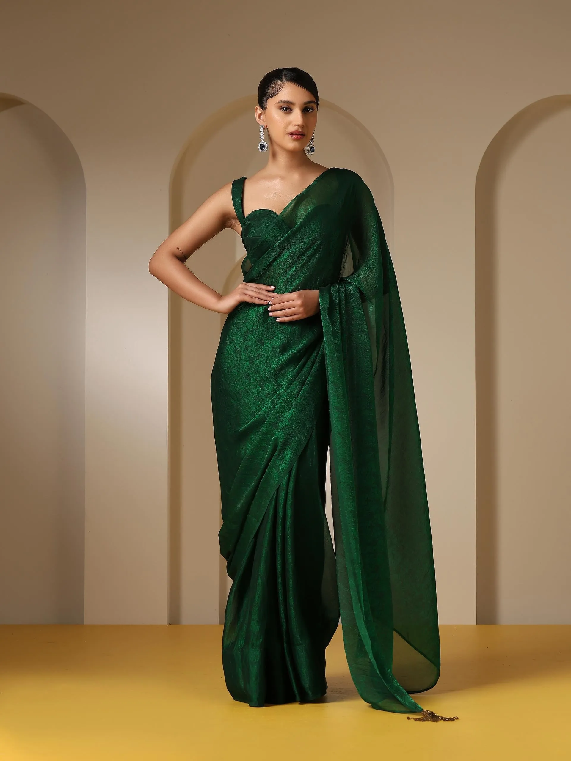 Colour Me Earth Green Paisley Chiffon Saree with Beaded Pendants & Blouse Fabric