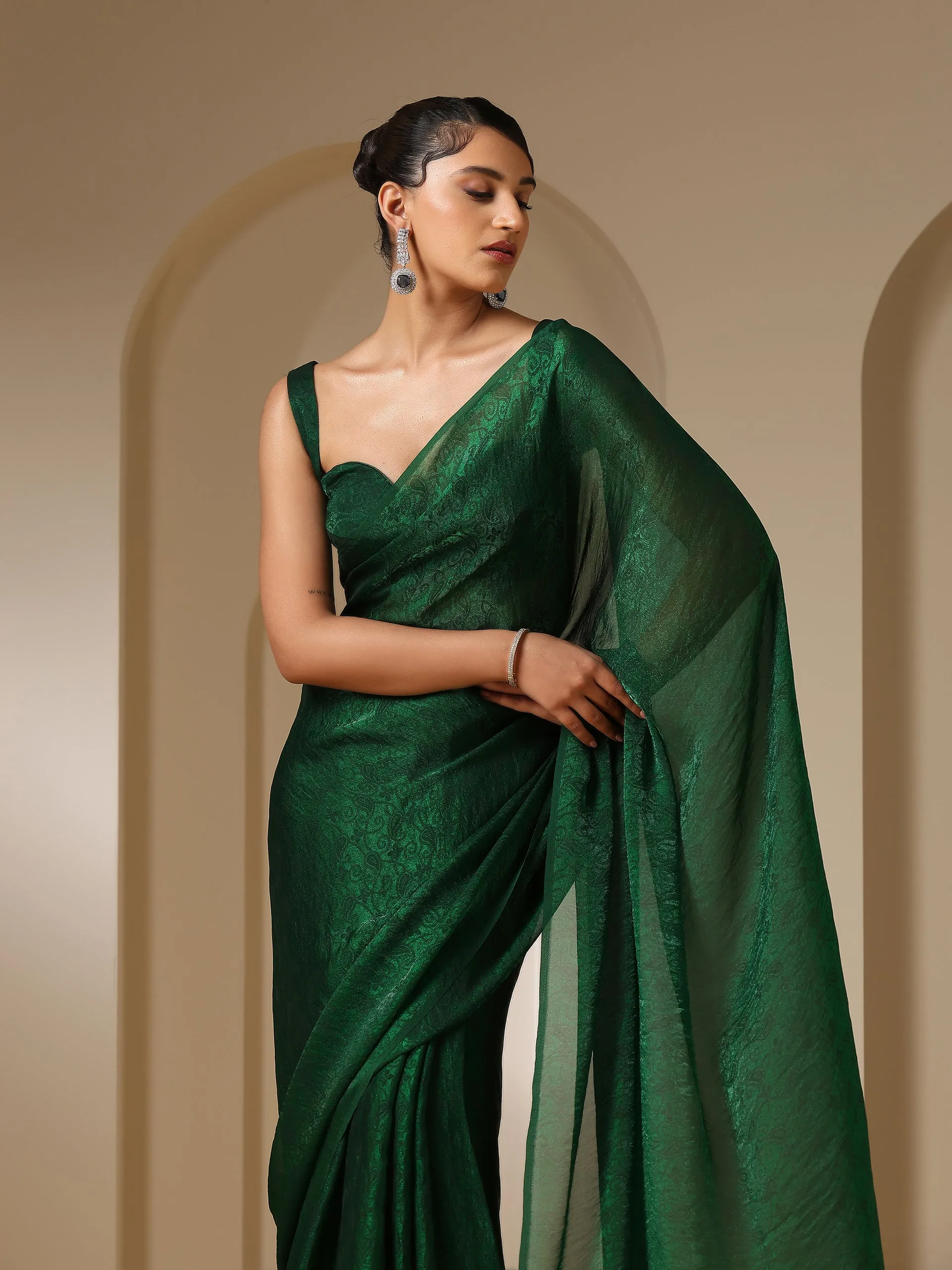 Colour Me Earth Green Paisley Chiffon Saree with Beaded Pendants & Blouse Fabric
