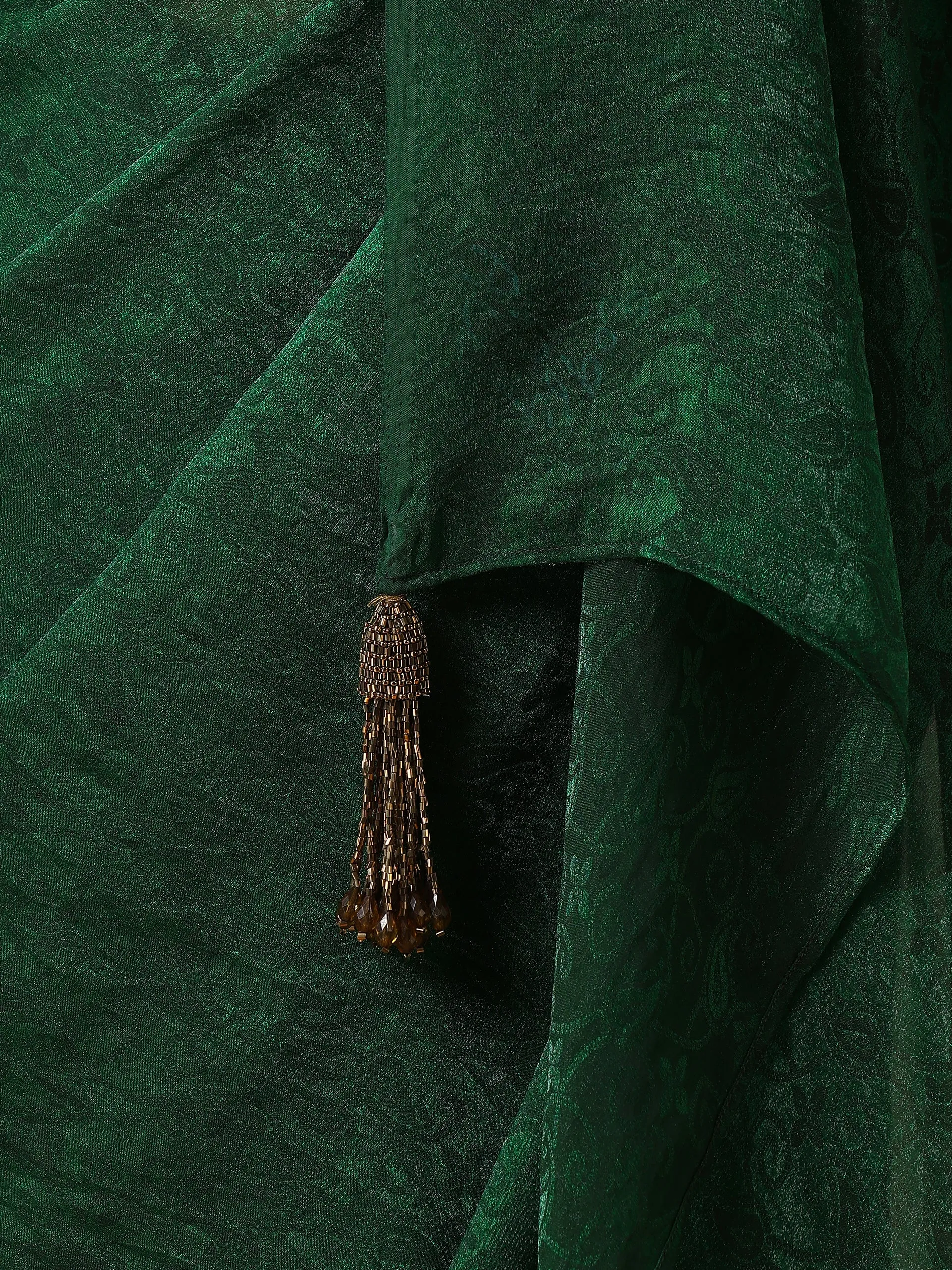 Colour Me Earth Green Paisley Chiffon Saree with Beaded Pendants & Blouse Fabric