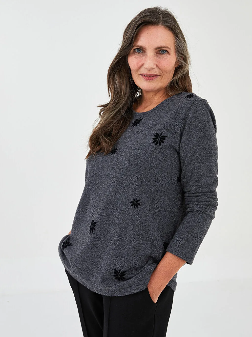 Crew Neck Patterned Long Sleeve Women's T-Shirt