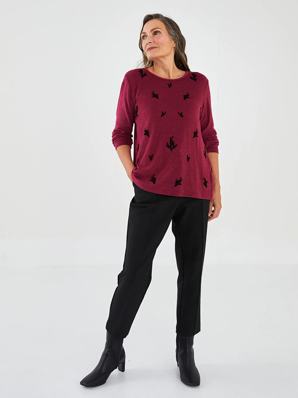 Crew Neck Patterned Long Sleeve Women's T-Shirt