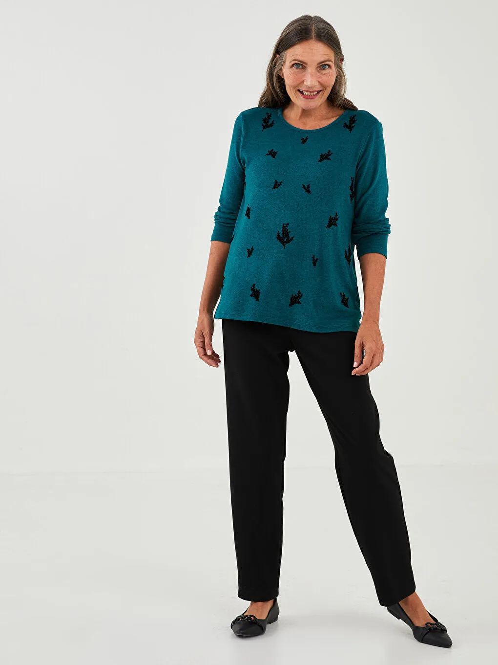 Crew Neck Patterned Long Sleeve Women's T-Shirt