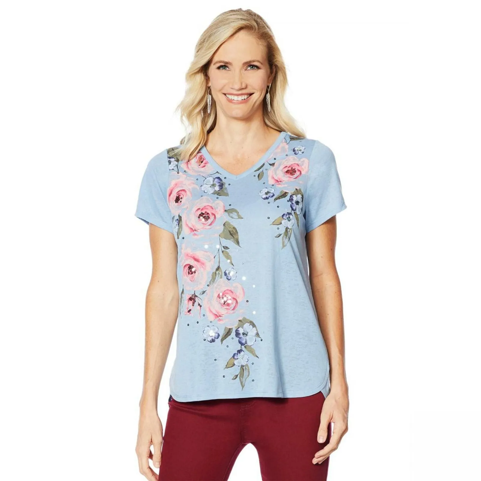 DG2 by Diane Gilman Women's Plus Hi-Low Floral Burnout Tee Blue 3X