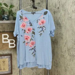 DG2 by Diane Gilman Women's Plus Hi-Low Floral Burnout Tee Blue 3X
