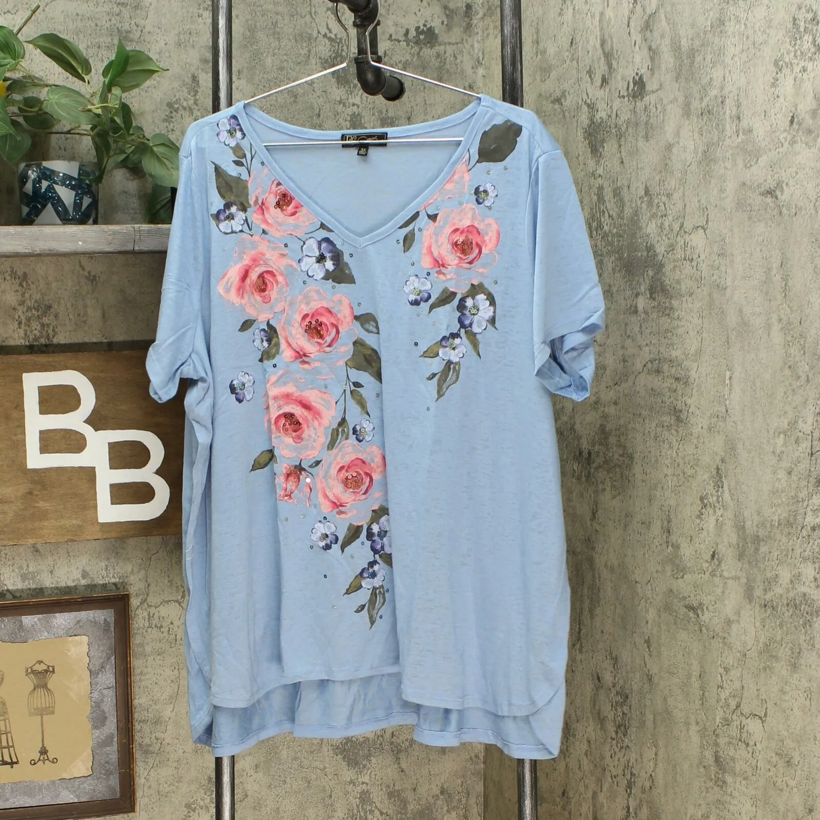 DG2 by Diane Gilman Women's Plus Hi-Low Floral Burnout Tee Blue 3X