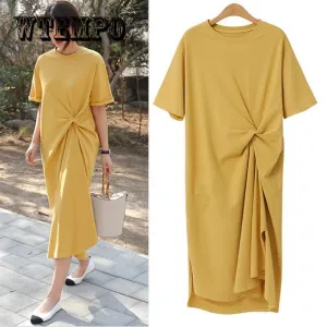 Dress Large Size Loose Slim Casual Dresses  Long T -Shirt Summer Cotton Short Sleeve