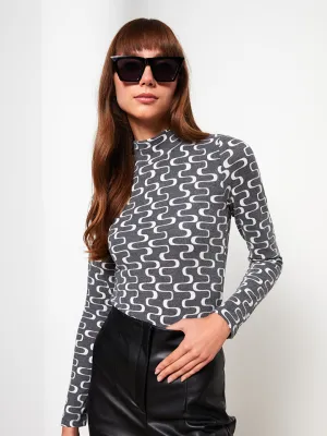 High Collar Patterned Long Sleeve Women's T-Shirt