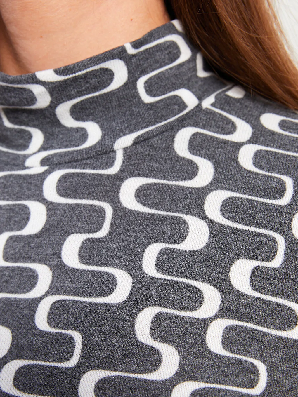 High Collar Patterned Long Sleeve Women's T-Shirt