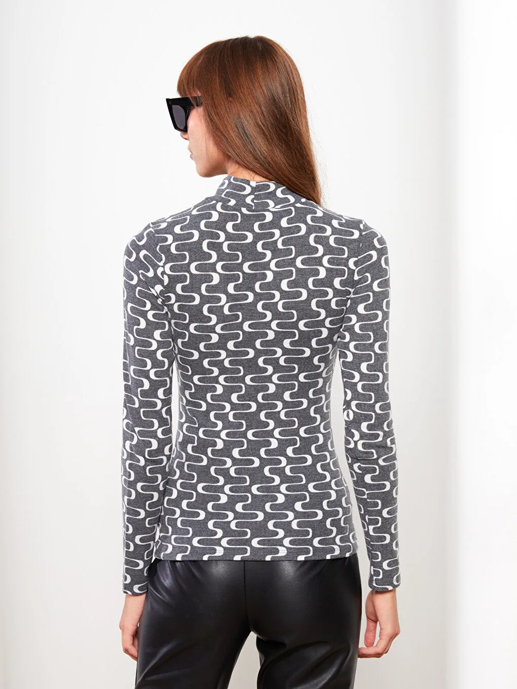 High Collar Patterned Long Sleeve Women's T-Shirt