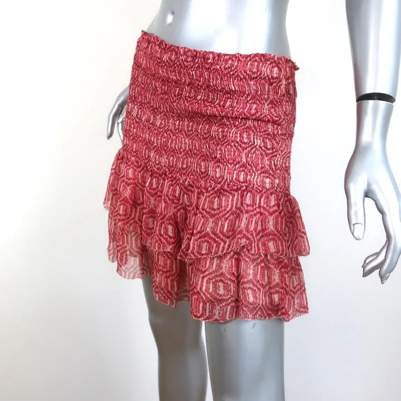 Isabel Marant Etoile Mini Skirt Zelia Red Smocked Printed Silk Chiffon Size 42