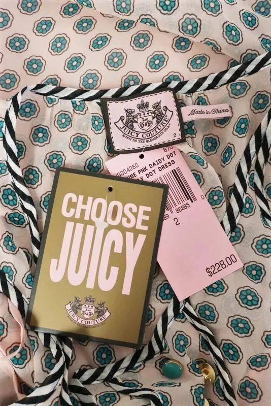 Juicy Couture Dress Pink/Teal Daisy Dot Print Chiffon Size 2 Sleeveless Mini NEW