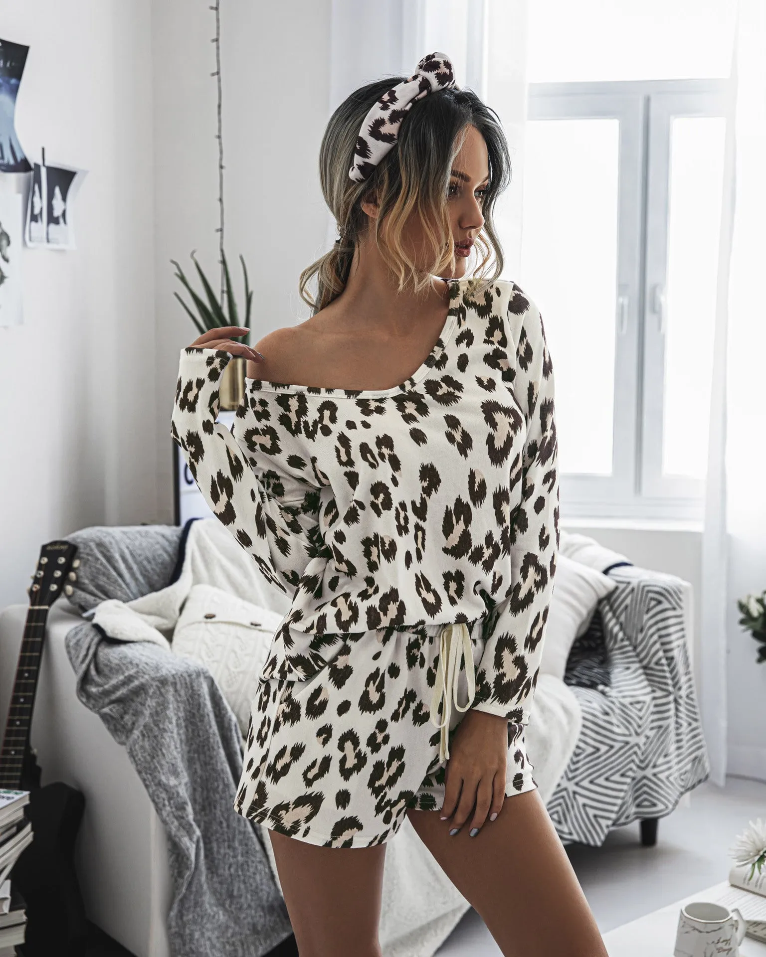 Leapord Print Two-piece Cotton T-Shirt Lace-up Shorts Loungewear