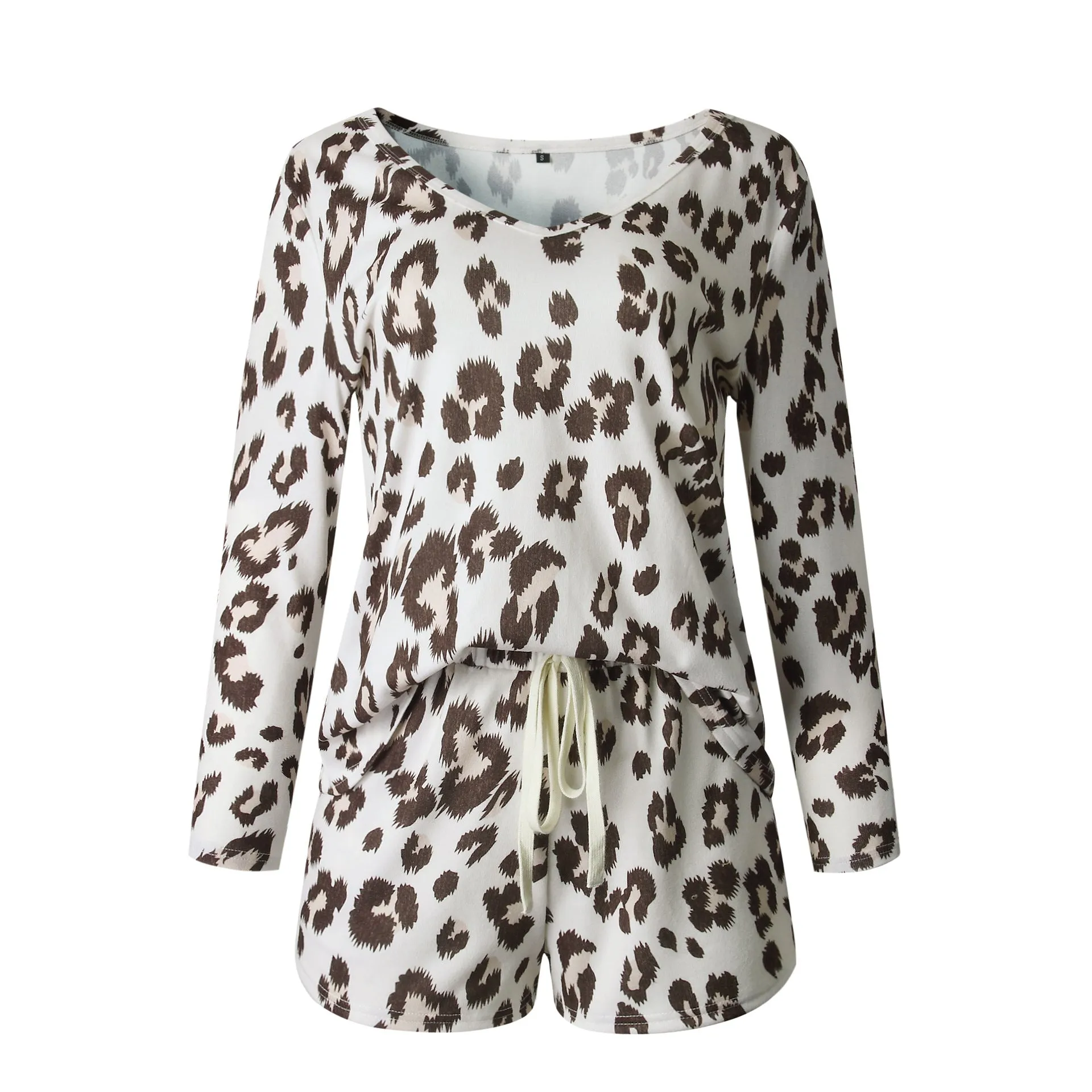 Leapord Print Two-piece Cotton T-Shirt Lace-up Shorts Loungewear