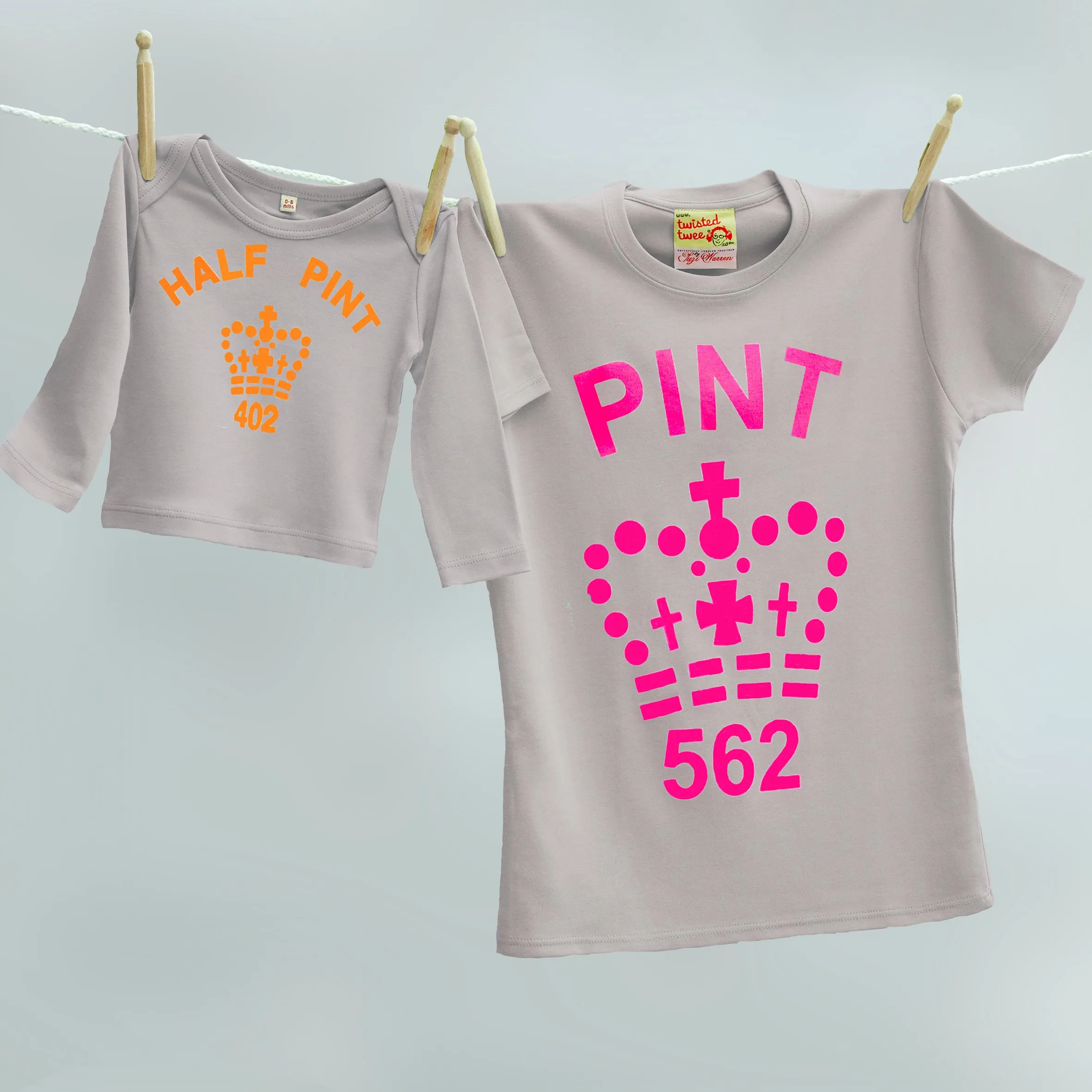 Mummy and baby Pint and Half Pint t shirts (grey/citrus)