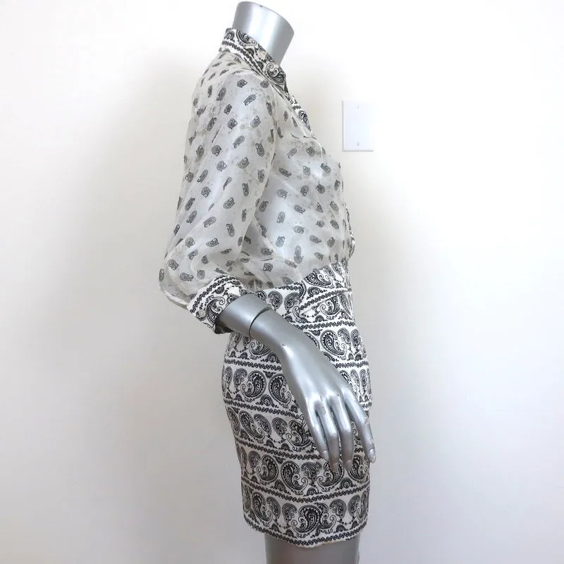 Pierre Balmain Shirtdress Cream Paisley Print Chiffon & Satin Size 38 Mini Dress