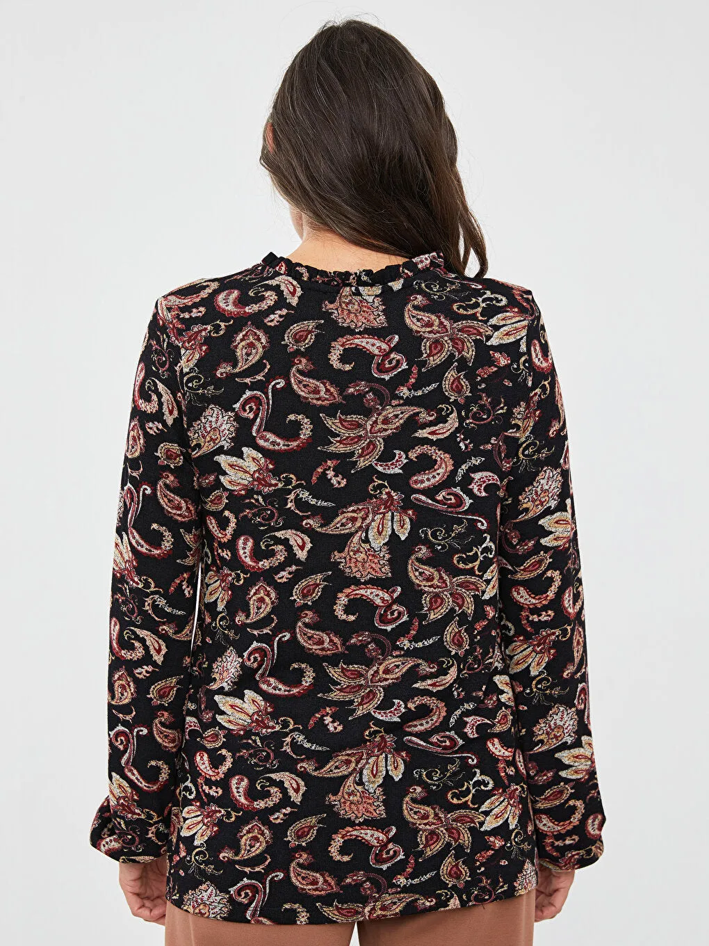 Ruffled Tie Collar Patterned Long Sleeve Women's T-Shirt