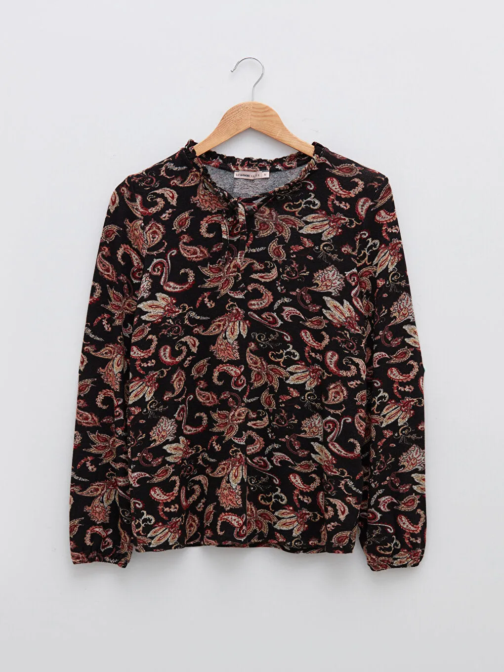 Ruffled Tie Collar Patterned Long Sleeve Women's T-Shirt