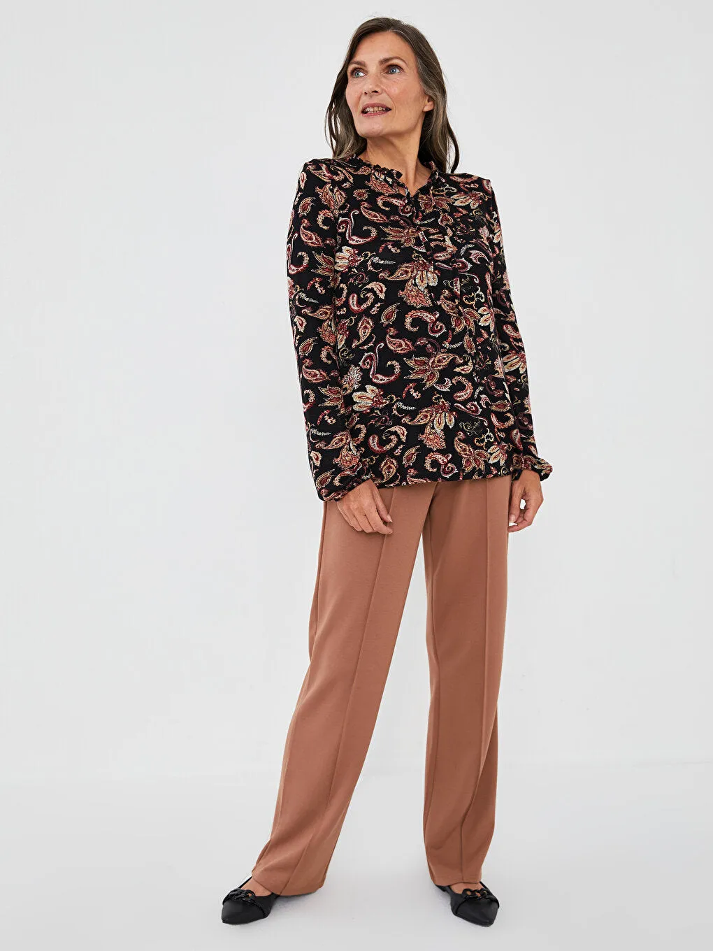 Ruffled Tie Collar Patterned Long Sleeve Women's T-Shirt