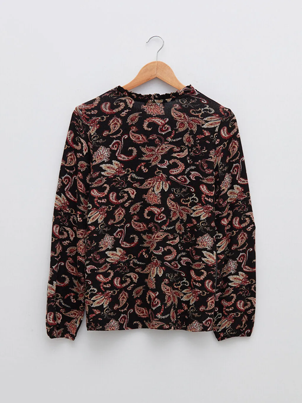 Ruffled Tie Collar Patterned Long Sleeve Women's T-Shirt