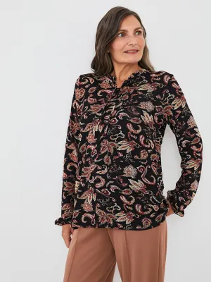 Ruffled Tie Collar Patterned Long Sleeve Women's T-Shirt