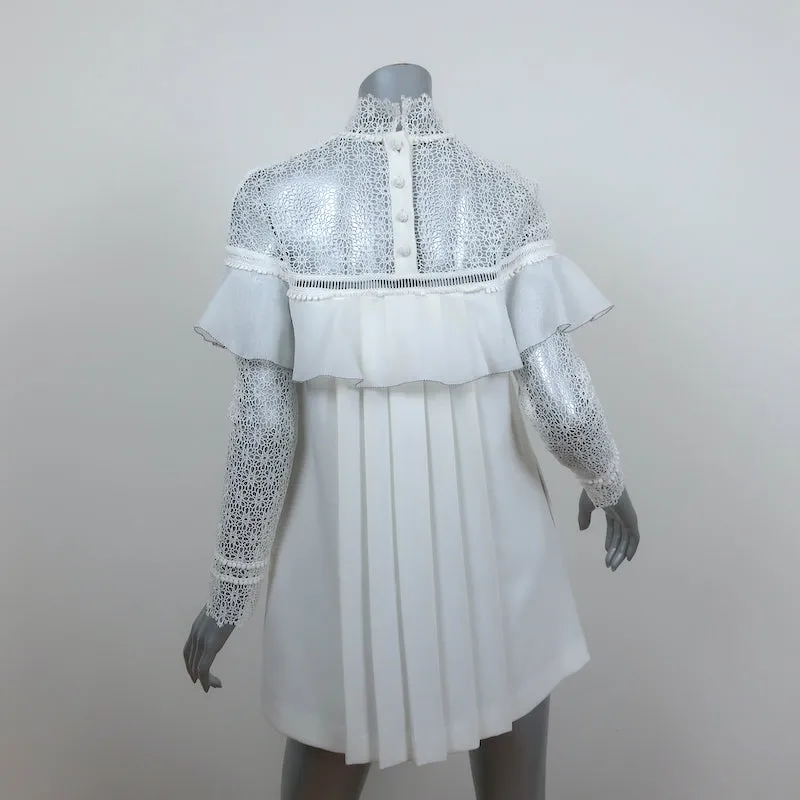 Self-Portrait Long Sleeve Ruffle Mini Dress White Lace-Trim Crepe Size US 4