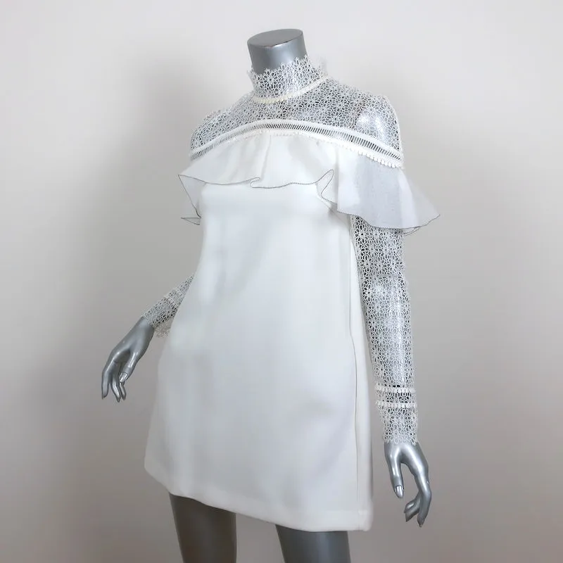 Self-Portrait Long Sleeve Ruffle Mini Dress White Lace-Trim Crepe Size US 4