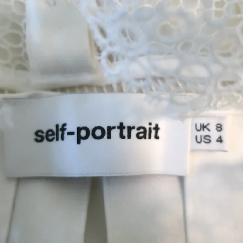 Self-Portrait Long Sleeve Ruffle Mini Dress White Lace-Trim Crepe Size US 4