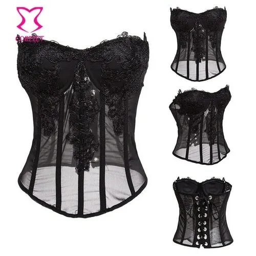 Sexy Gothic Pink Chiffon Lace Applique Overbust Corsets And Bustiers