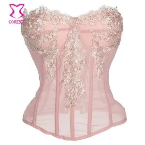 Sexy Gothic Pink Chiffon Lace Applique Overbust Corsets And Bustiers