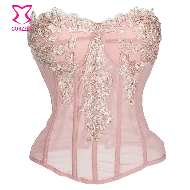Sexy Gothic Pink Chiffon Lace Applique Overbust Corsets And Bustiers