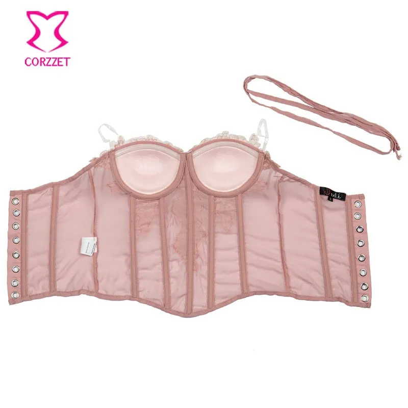 Sexy Gothic Pink Chiffon Lace Applique Overbust Corsets And Bustiers