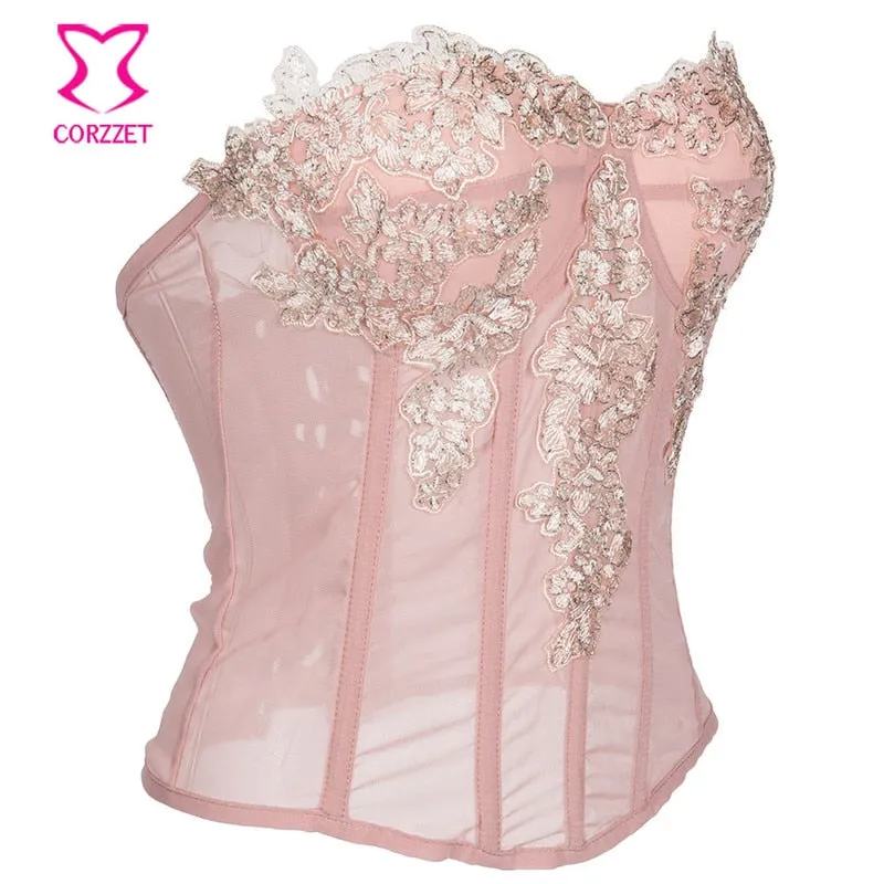 Sexy Gothic Pink Chiffon Lace Applique Overbust Corsets And Bustiers