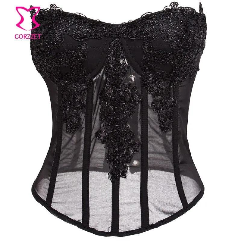 Sexy Gothic Pink Chiffon Lace Applique Overbust Corsets And Bustiers