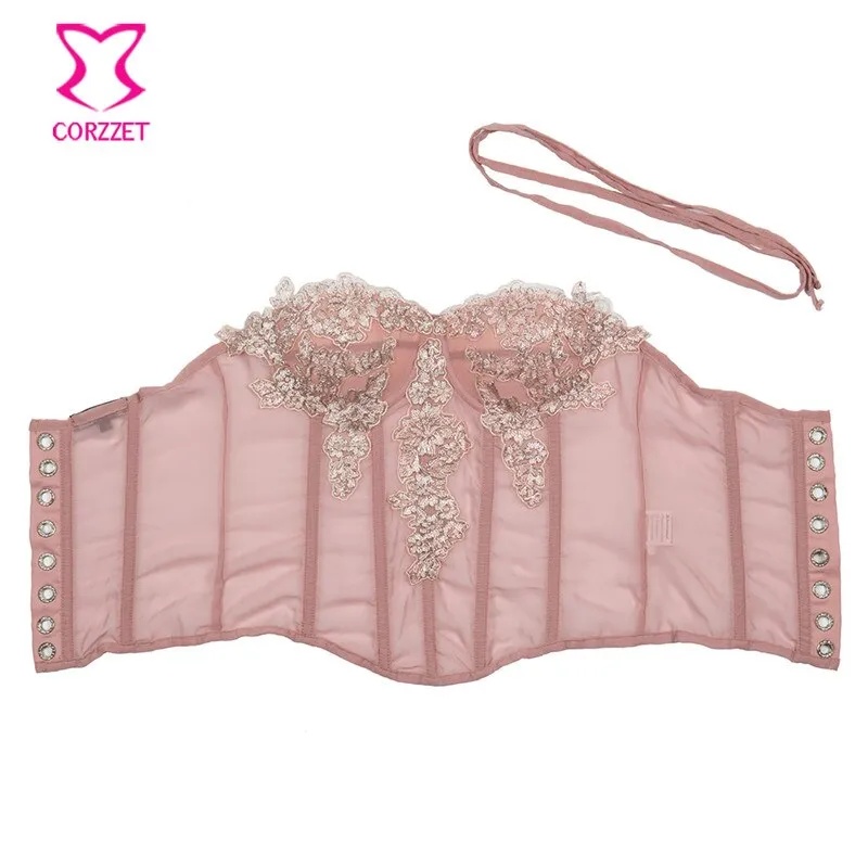 Sexy Gothic Pink Chiffon Lace Applique Overbust Corsets And Bustiers
