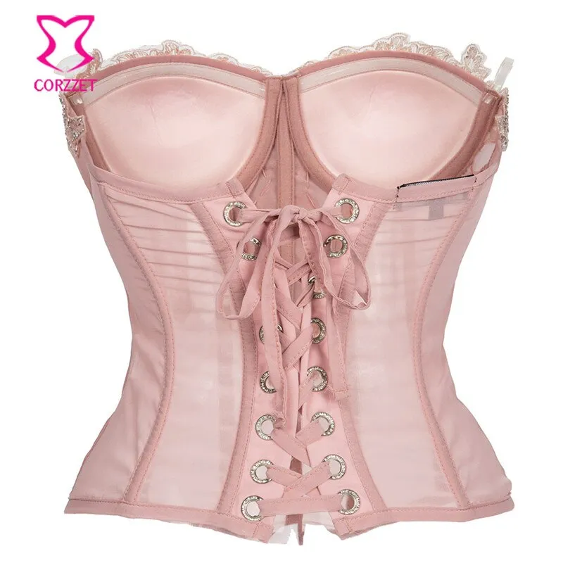 Sexy Gothic Pink Chiffon Lace Applique Overbust Corsets And Bustiers