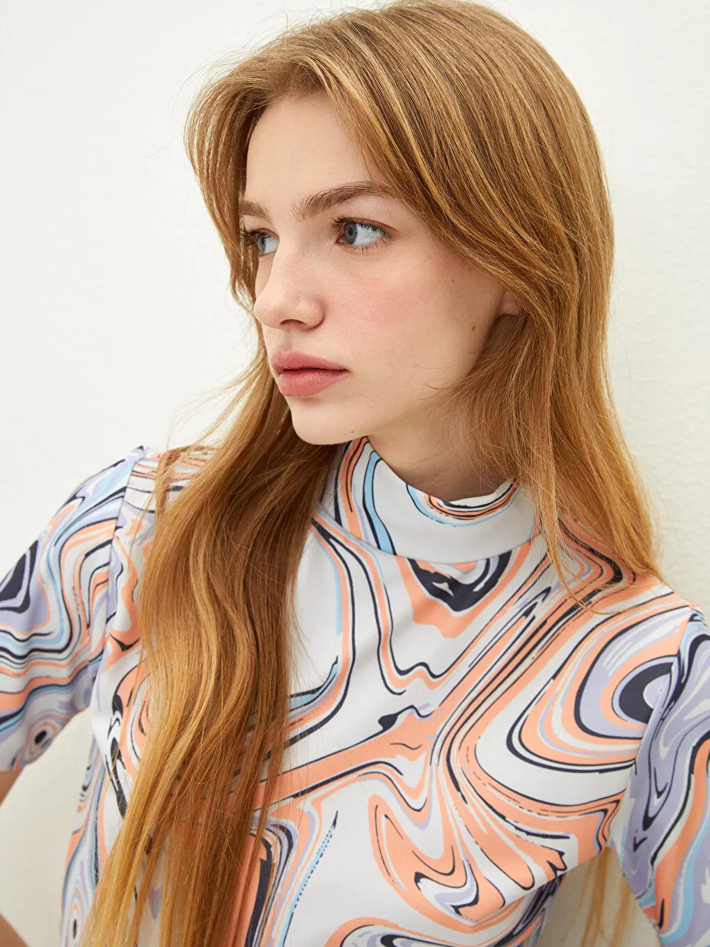 Stand-up Collar Patterned Short Sleeve Diving Fabric Women's T-Shirt
