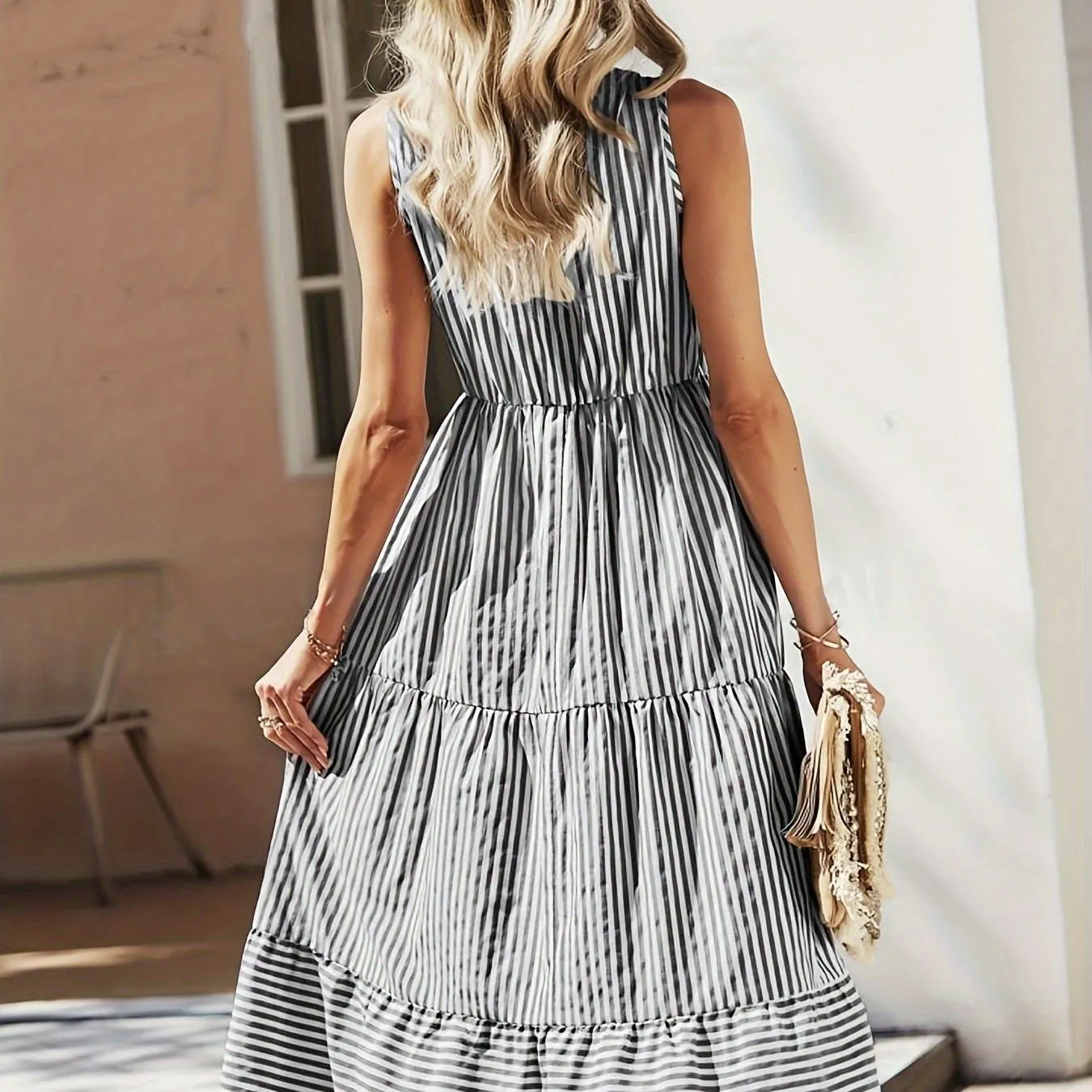 Striped Print Ruffle Hem Dress, Elegant Sleeveless Dress For Spring & Summer, Women's Clothing