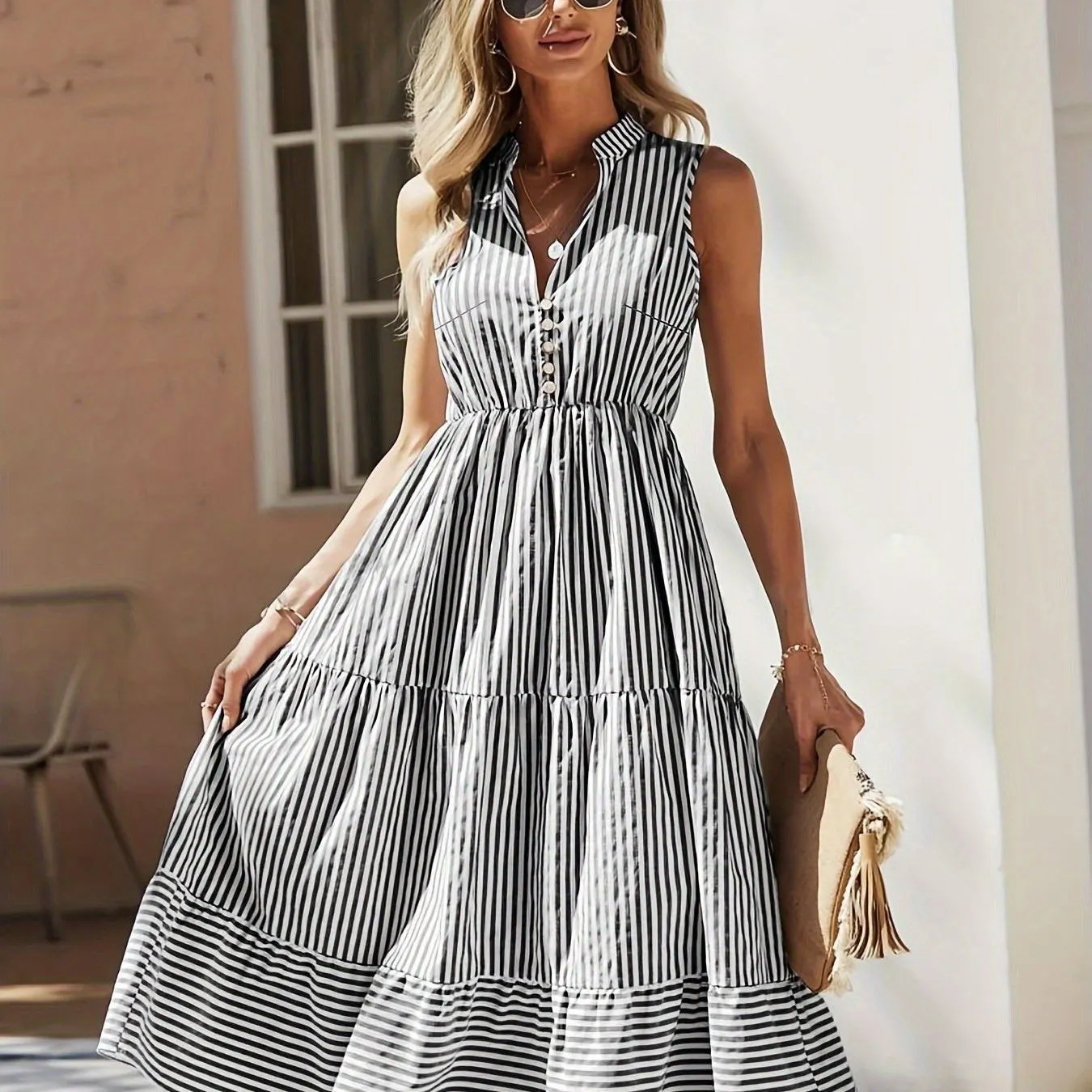 Striped Print Ruffle Hem Dress, Elegant Sleeveless Dress For Spring & Summer, Women's Clothing