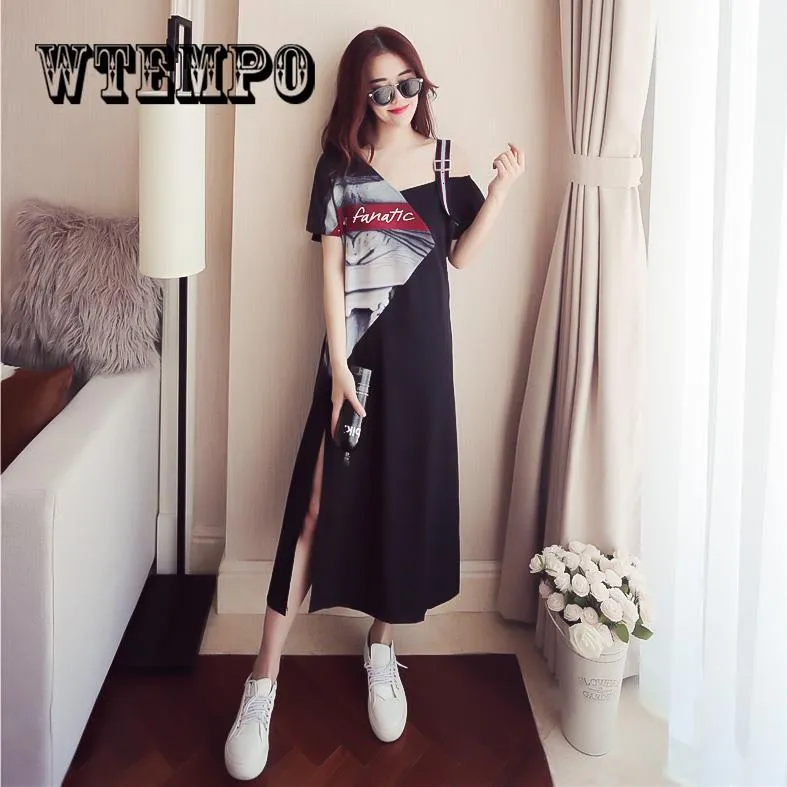 Summer Off Houlder Loose Maxi T Shirt Dress Women Summer Casual Sexy Black Long Dresses Plus Size