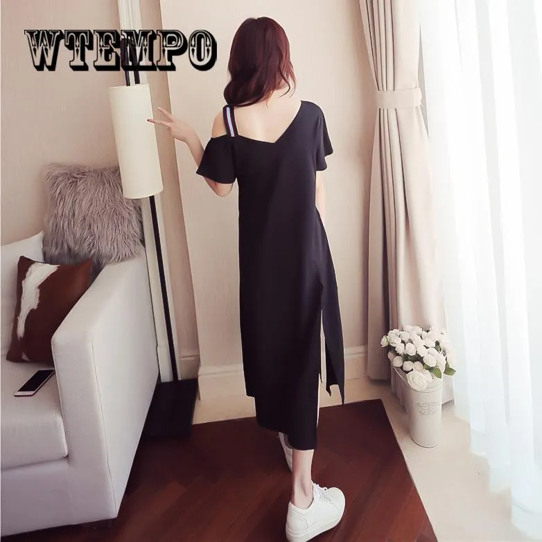 Summer Off Houlder Loose Maxi T Shirt Dress Women Summer Casual Sexy Black Long Dresses Plus Size