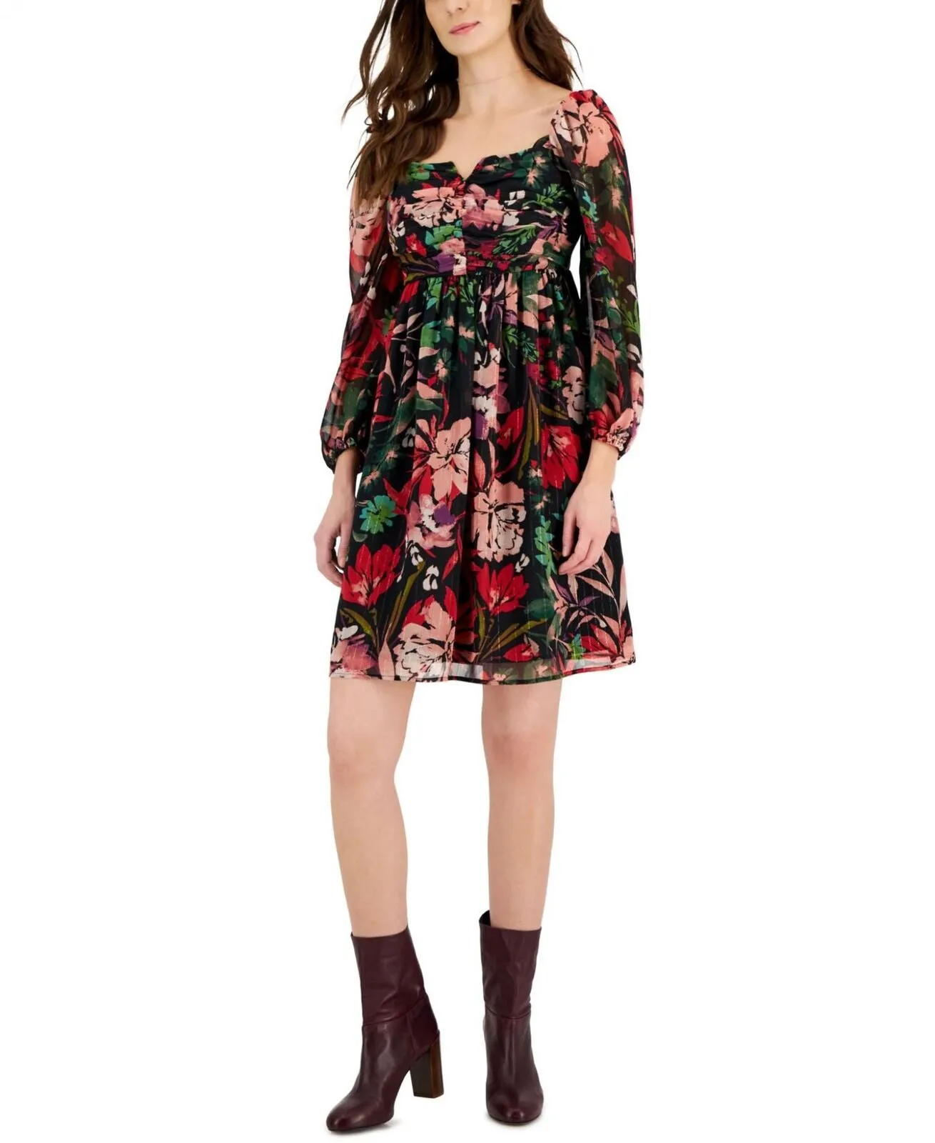 Tahari Asl Women's Floral-Print Chiffon Empire-Waist Dress 2AM239-T2